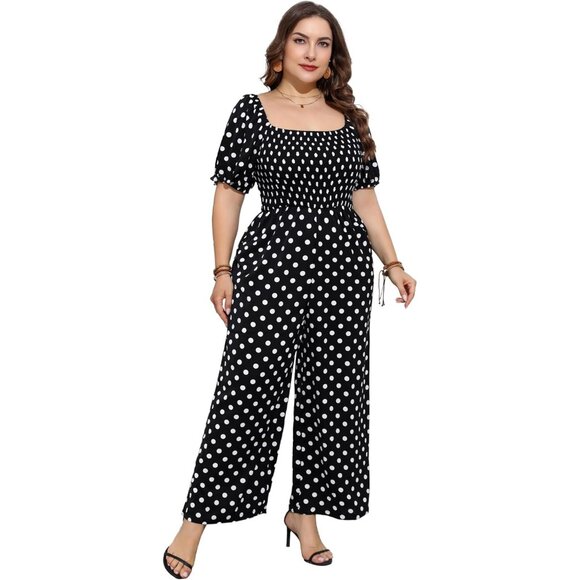 Fashion Floral Jumpsuits for Women Loose Romper Short Sleeve Black Polka Dot